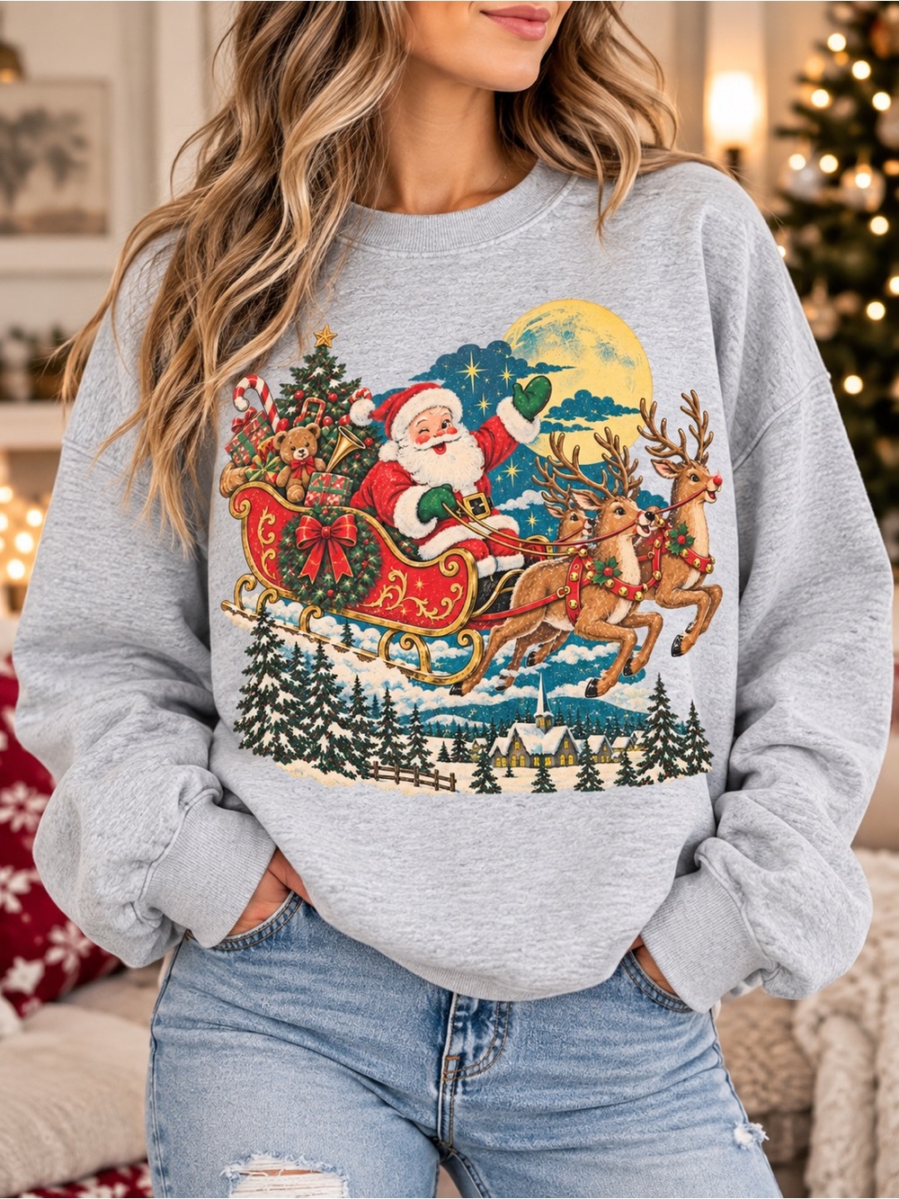 Gildan Gray Sweatshirt with Colorful Santa Sleigh Print